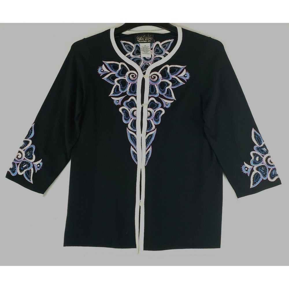 Bob Mackie Women Medium Cardigan Black Embroidered Beaded Art To Wear Sweater